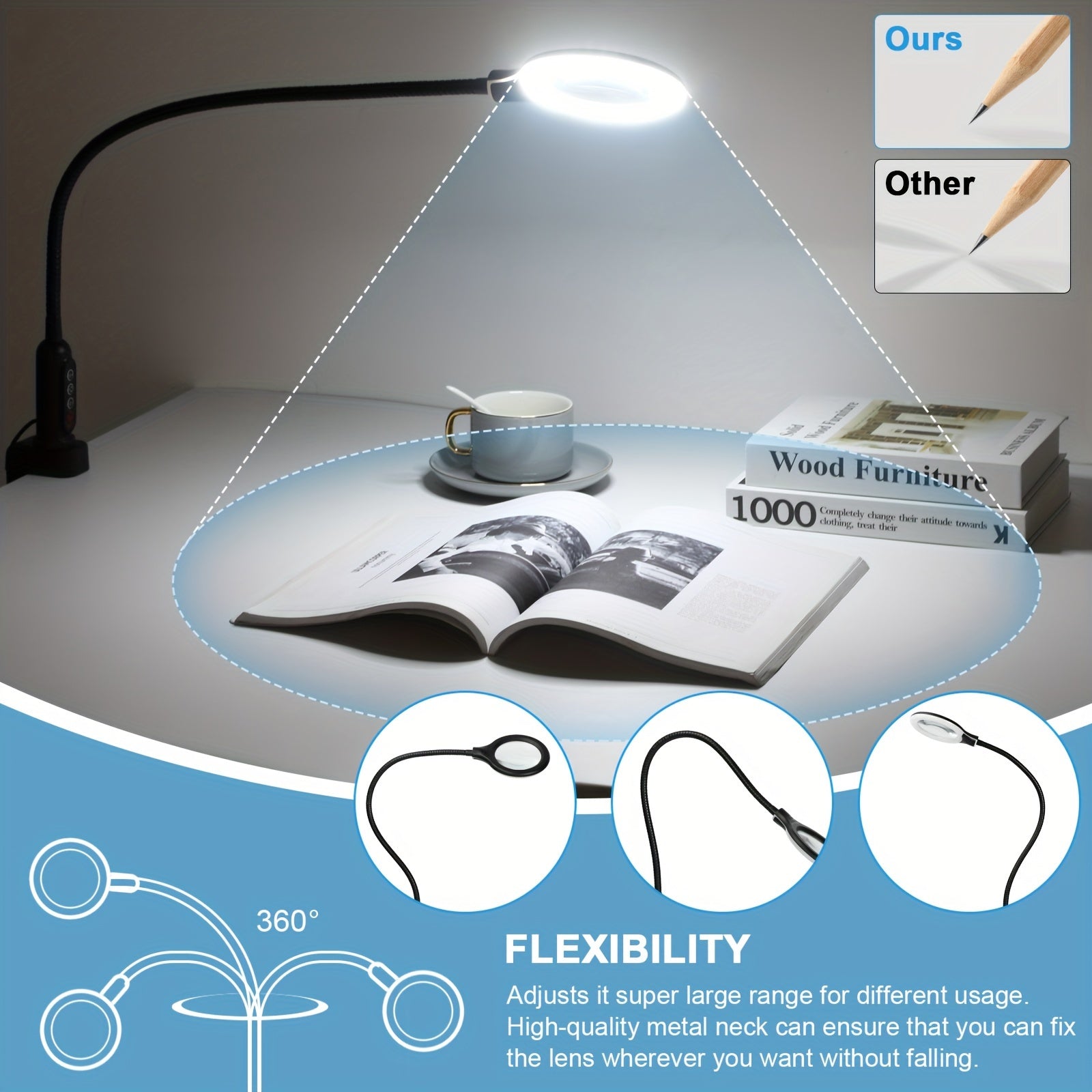 16-inch gooseneck arm, 10x magnifier lamp, adjustable swivel device with clamp, 5 light colors stepless dimming, 2-in-1 hands-free LED desk lamp, suitable for close-up work, office and other places