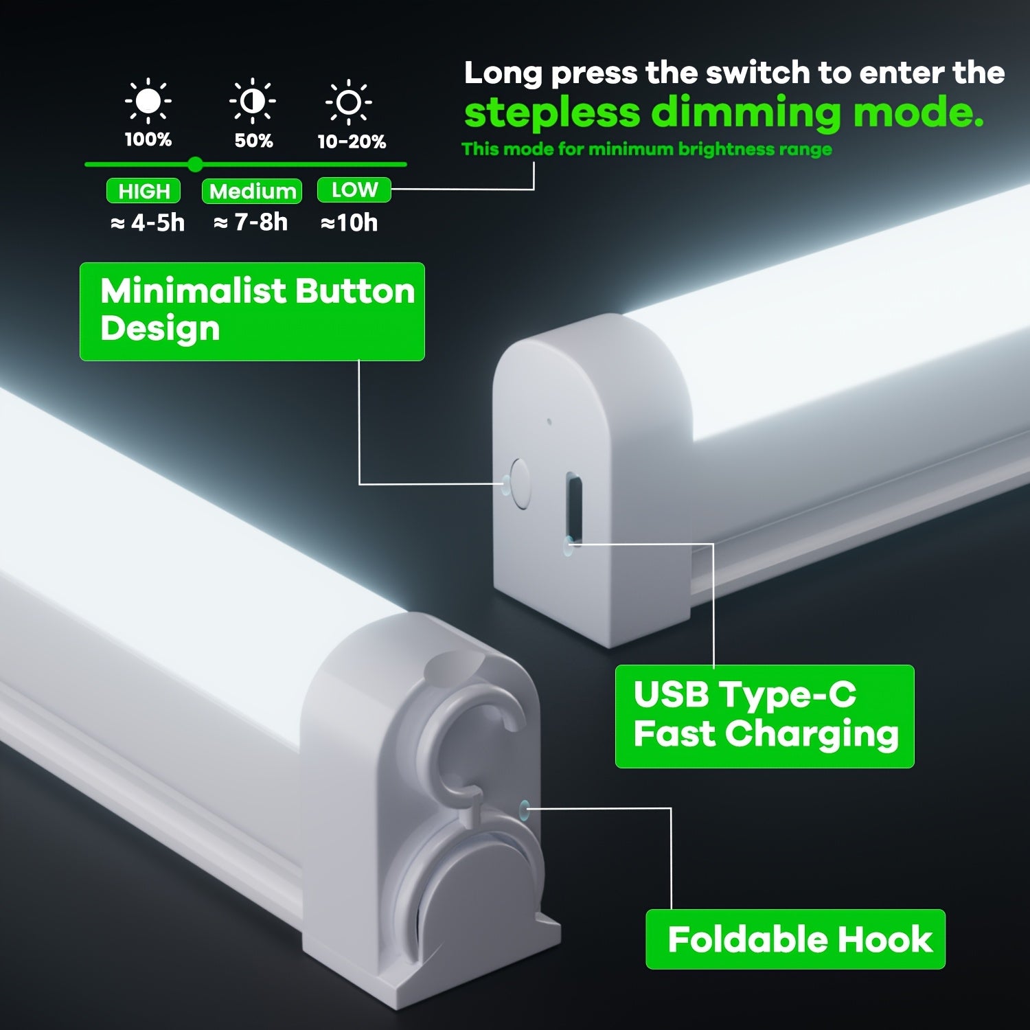 Rechargeable Portable Lamp, Multiple Dimming Modes with Stepless Dimming, Built-in Hook for Hands-Free Use, Ideal for Emergencies (No Remote, Button Control), Camping, Fishing, BBQ