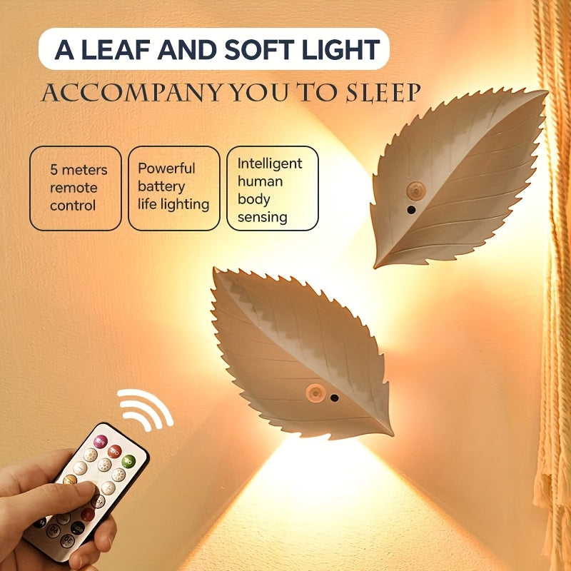 1Pcs LED Leaf Shape Spotlight, Rechargeable Motion Sensor Wall Light, RGB Color Ambient Lamp, Warm Night Light, Stepless Dimmable Magnetic Remote Wall Light for Bedroom Living Room Corridor Stairway