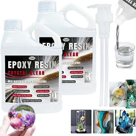 快速固化超清环氧树脂套装（32oz/6.76oz，附带泵头）——高光泽、无气泡、抗黄变、自动流平、低气味（946ml/200ml）；适用于树脂模具制作、河流桌、涂层、浇注及DIY手工艺品（双组份AB胶）