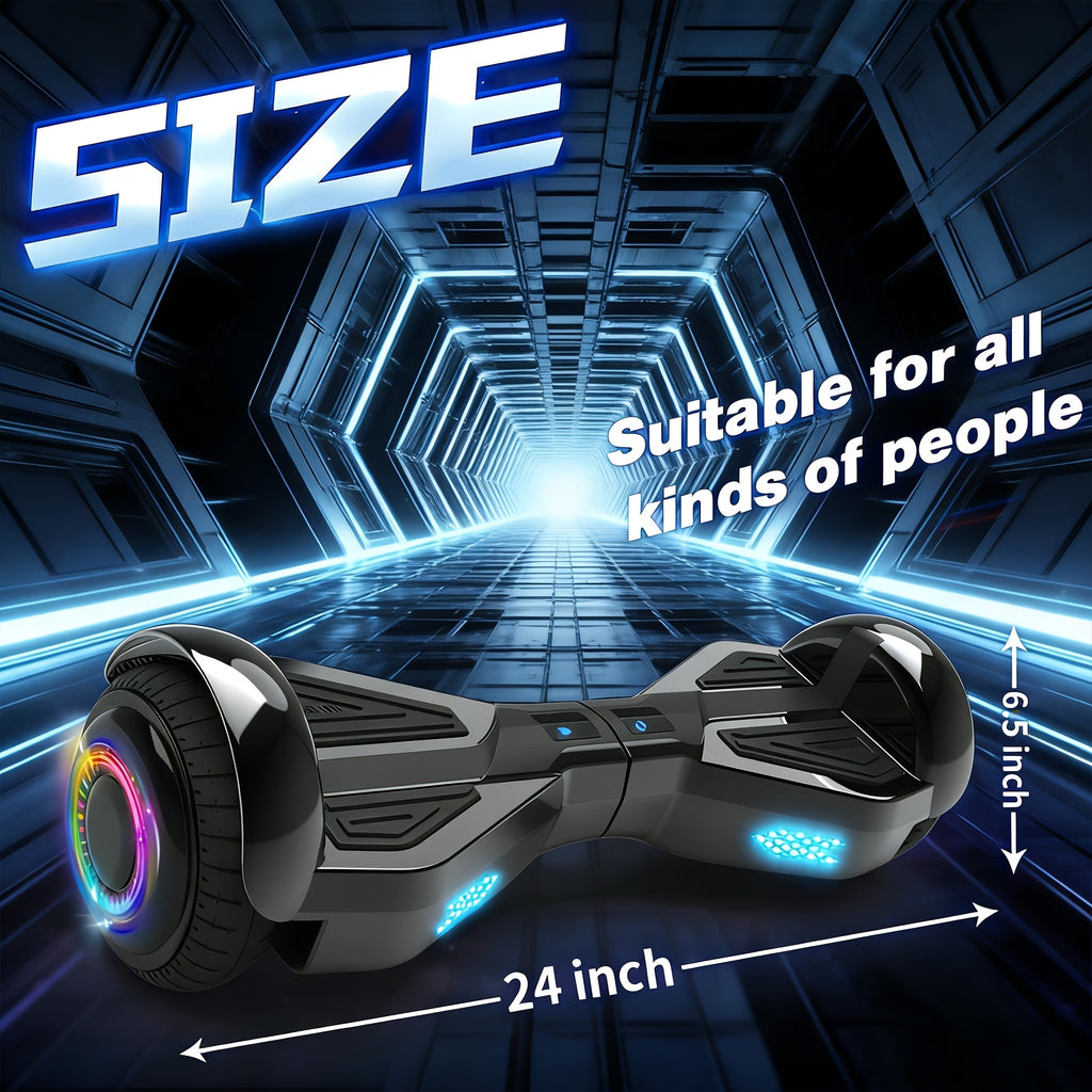 6.5 英寸悬浮滑板带 LED 灯、最大承重 165 磅，速度4-6MPH,享受驾驶的乐趣，适合在公园、小区等户外环境使用，丰富生活。