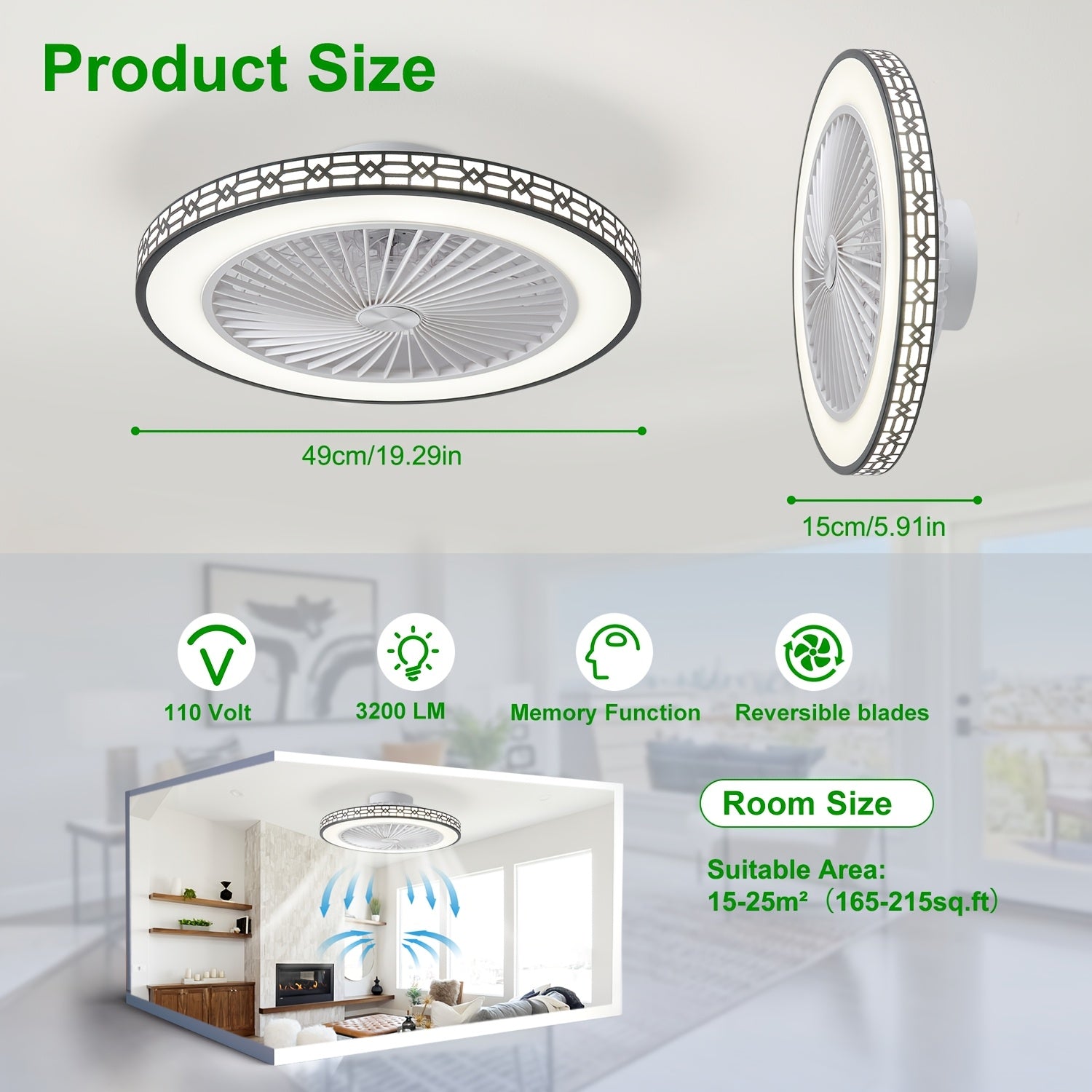20 Inch Modern LED Ceiling Fan Light, Embedded Mount Design with Adjustable 3000K-6500K Lighting, Reversible Airflow for Better Air Circulation, Ideal for Office, Study, Bedroom and Indoor Spaces, Ceiling Fan Lamp