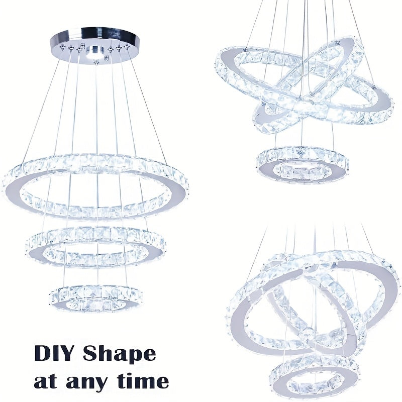 Crystal Chandelier LED Square Ring Pendant Light, Height-Adjustable Chandelier Lamp (Cool White)