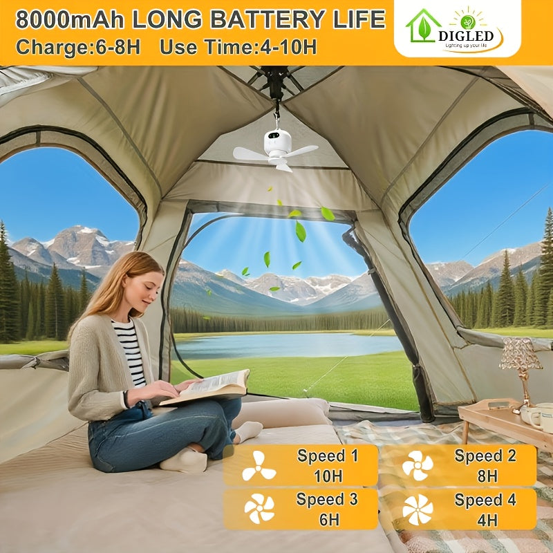 Portable Tent Fan for Camping, Multifunctional Ceiling Fan, 8000mAh Battery Powered, Quiet Ceiling Fan with Dimmable LED Light, Small Lamp & Fan Combo, Easy Installation, Rechargeable Tent Fan for Bathroom