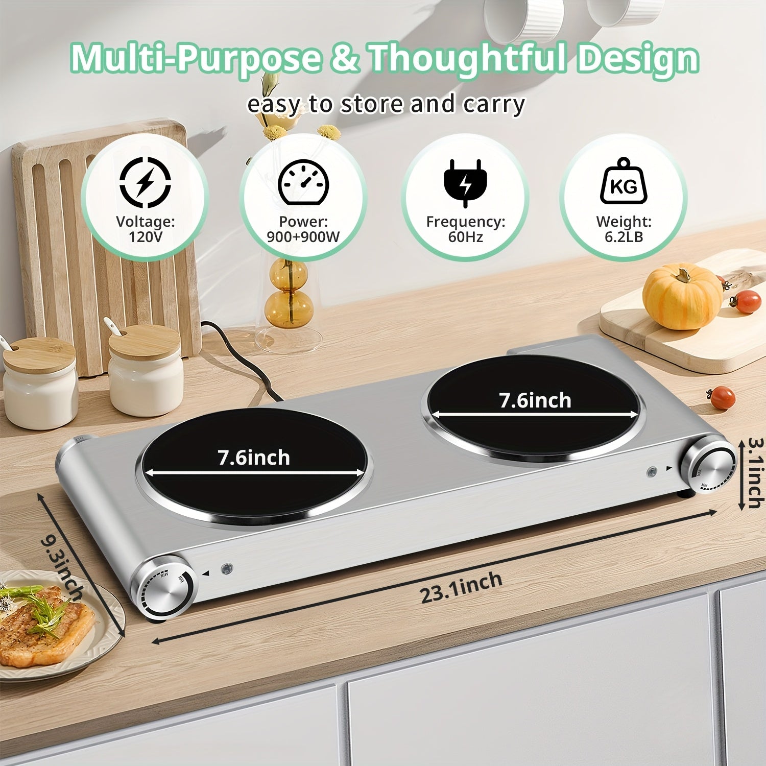 Tech 900W+900W Infrared Electric Hot Plate with Adjustable Temperature Control, Easy-Clean Surface & Power Indicator Light