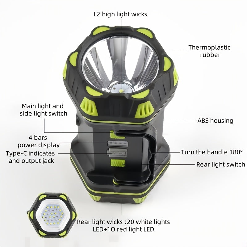 Multifunctional High Brightness LED Handheld Light Large Capacity Battery Long Lasting Type-C Charging 8 Lighting Modes Side COB Soft Light Smart 4-Grid Power Indicator Outdoor Camping Adventure Lamp