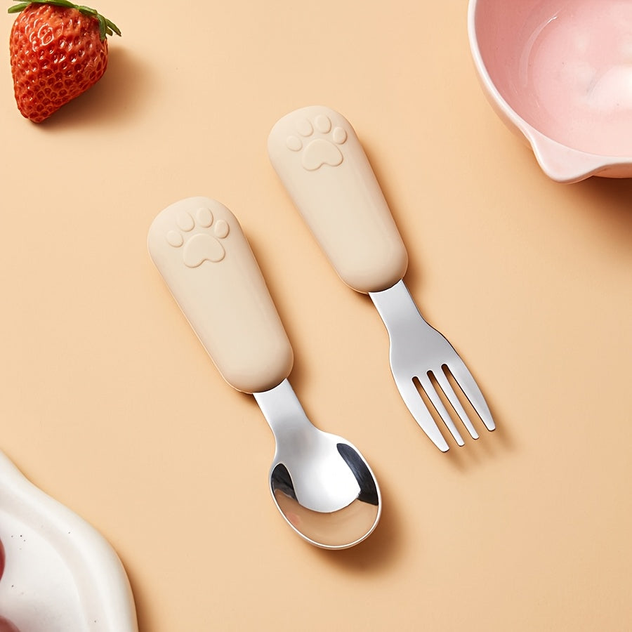 1/2 Set Bear Paw Shape Children's Short Handle Fork & Spoon Set – 304 Stainless Steel Non-Slip Grip | Baby & Toddler Self-Feeding Training Cutlery, Learning Meal Training Utensils