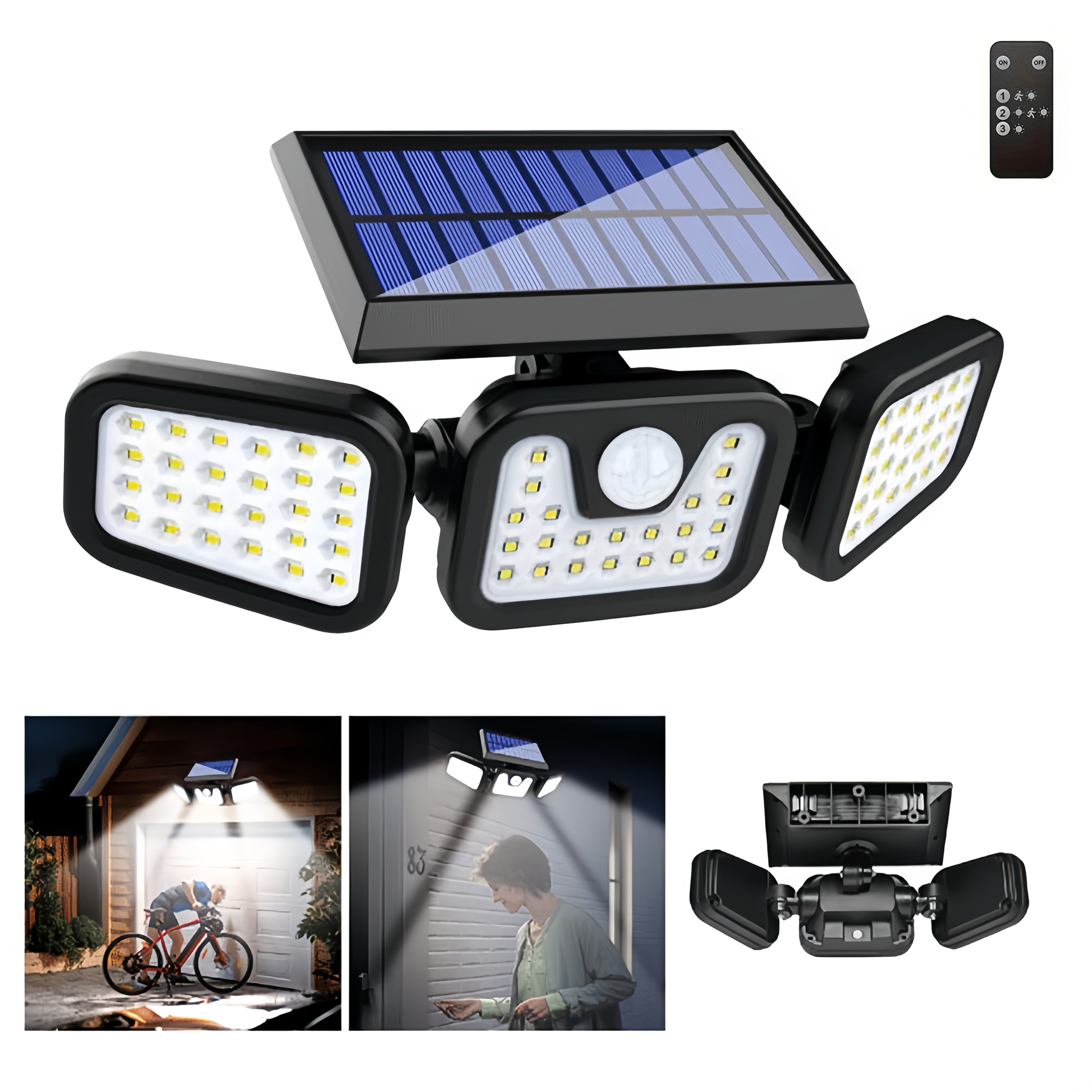 (1/2 Pack) Solar Outdoor 3-Head Motion Sensor Wall Light, Solar Fence Light, [74 LEDs / 3 Modes] 270° Wide Angle Illumination, IP65 Waterproof Outdoor Light, Perfect for Garden, Courtyard, Street, Garage, Patio and Porch Lighting.
