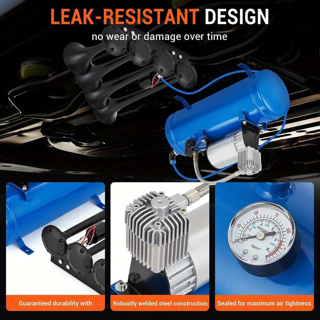 4-Horn Steel Train Horn Kit, 12V 135dB Truck Air Horn Kit with 1.6 Gallon Air Tank & 150 PSI Air Compressor, All-Weather Year-Round Use, Fits Pickup Trucks, Cars, Motorcycles, Semi-Trucks, Jeeps, RVs, SUVs, Vans, Boats, Blue