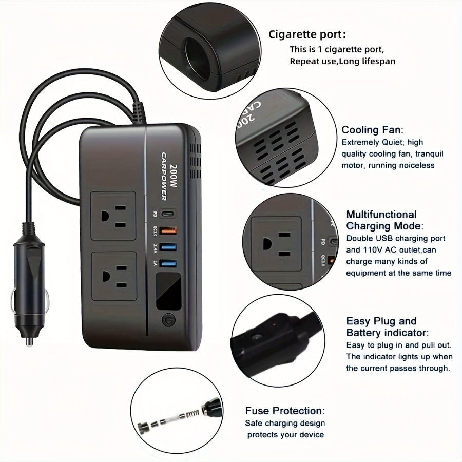 200瓦汽车电源逆变器，DC 12V转AC 110V车载充电适配器带开关和电流LED显示屏，3个USB接口+1个Type-C端口，适用于轿车、SUV及卡车（黑色）
