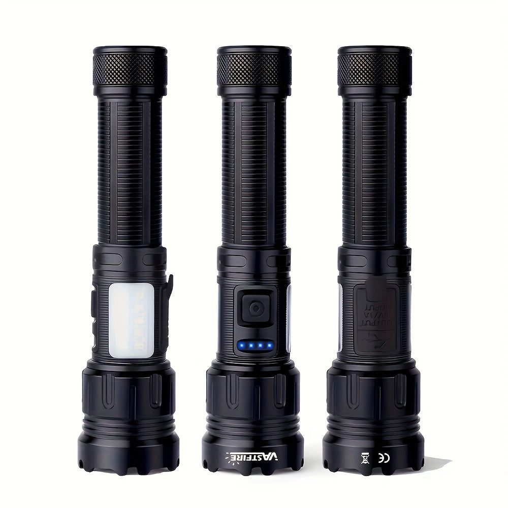 4-in-1 LED Aluminum Alloy Ultra-Bright Zoomable Outdoor Flashlight with 4 Light Sources, COB Side Emergency Light, Rechargeable High Lumen Tactical Flashlight, Ideal for Hiking, Hunting, Camping, Handheld Lighting, Fishing & Various Outdoor Activities