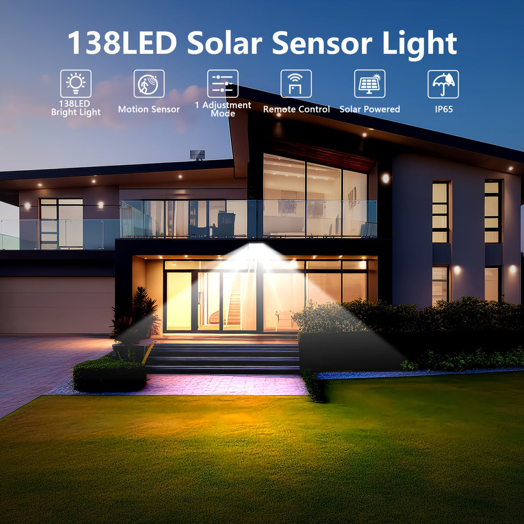 1/2 Pack Outdoor Solar Courtyard Light, with 138 High-Brightness LEDs, Motion Sensor Exterior Wall Light, IP65 Security Light, Wall Light with 16.4FT Cable, Street Light with 3 Lighting Modes, Cool White Light, Perfect for Courtyards and Parks