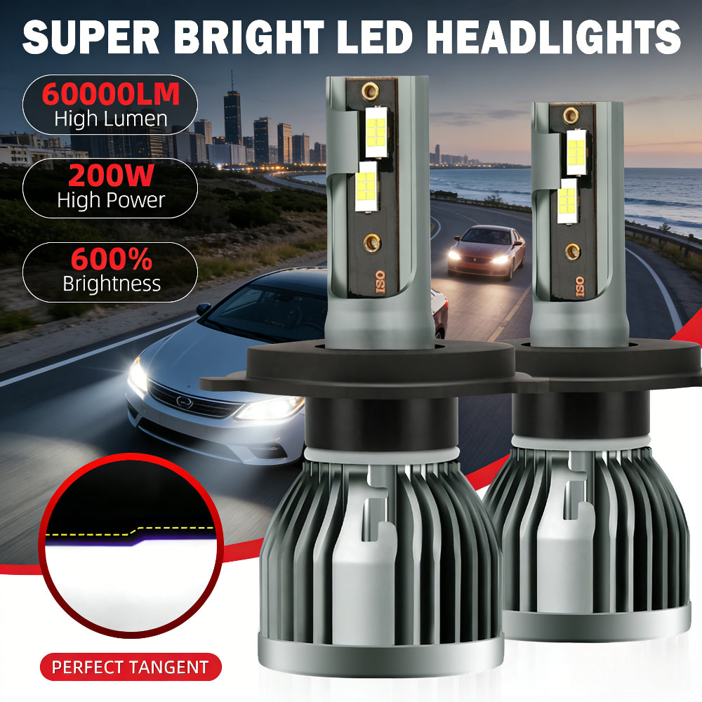 -Pack LED Headlights 60000 Lumens High Brightness 200W High Power 600% Brightness Increase 6000K White Light Output Equipped with High-Efficiency Turbo Fan Cooling Design Fits Most Car Models Plug-and-Play