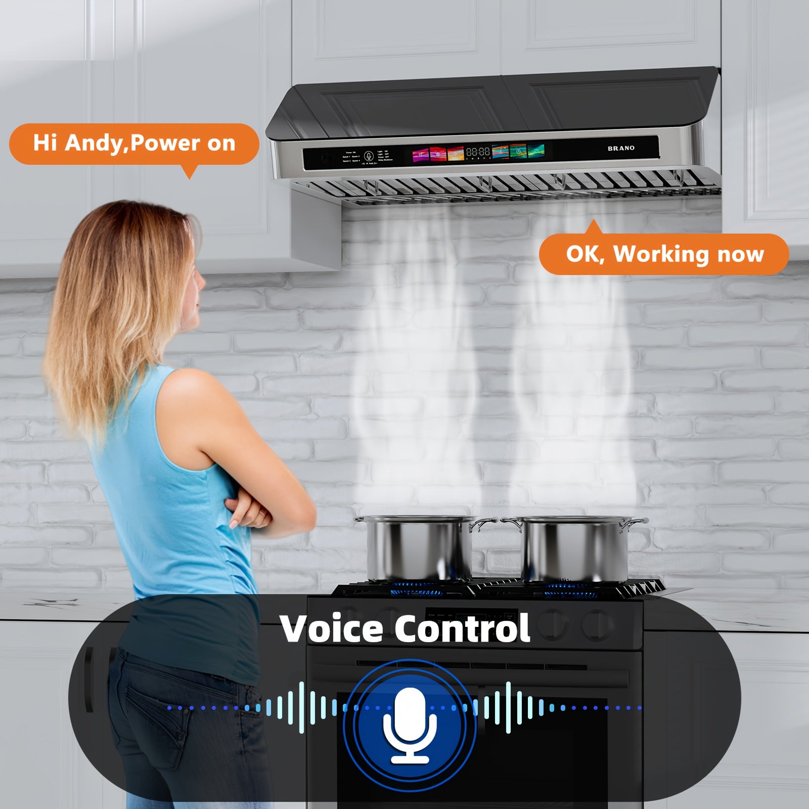 Upgraded 900 CFM Stainless Steel Under-Cabinet Range Hood with Voice/Gesture/Touch Control, Ducted Kitchen Exhaust Fan, 4 Speeds