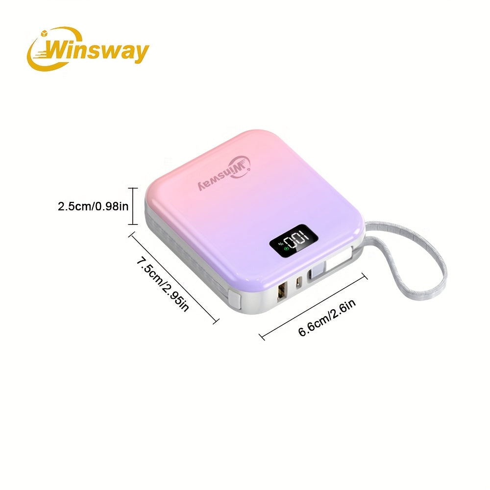 Winsway 2.9英寸迷你充電寶，10000mAh大容量，小巧便攜，內建USB-C雙線輸出，22.5W快充，LED顯示屏，內建掛繩設計，相容多種電子裝置，適合作為高顏值充電寶贈予朋友，聖誕禮物優選