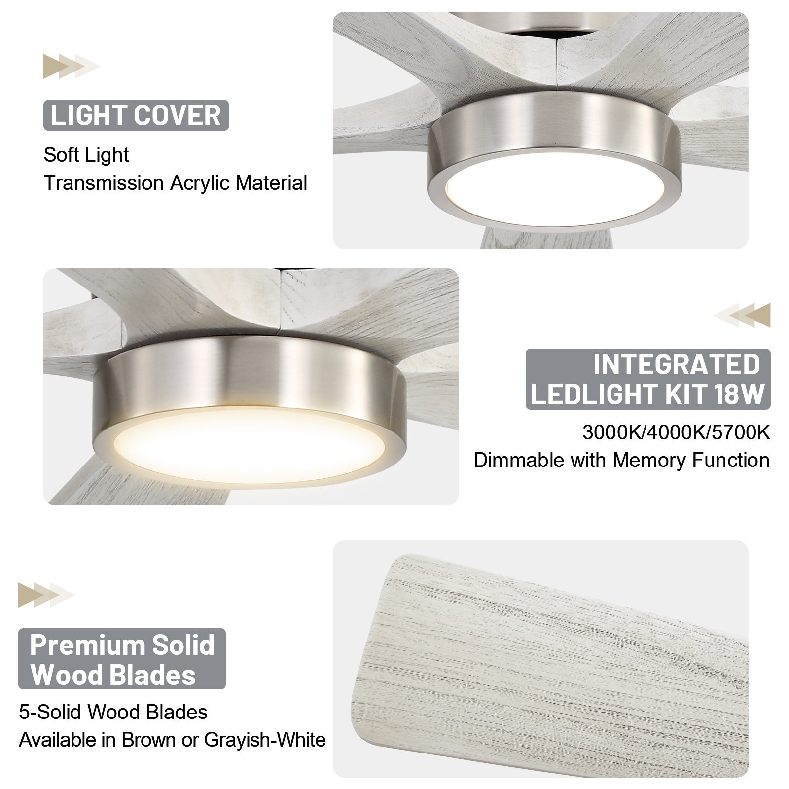 Sofucor 52 Inch Solid Wood Ceiling Fan with Remote & Light, 5/10/24" Downrods, 18W Memory LED Light, Reversible DC Motor, 1/4/8H Timer, 5 Wood Blades, Silent for Home Kitchen Living Room Bedroom
