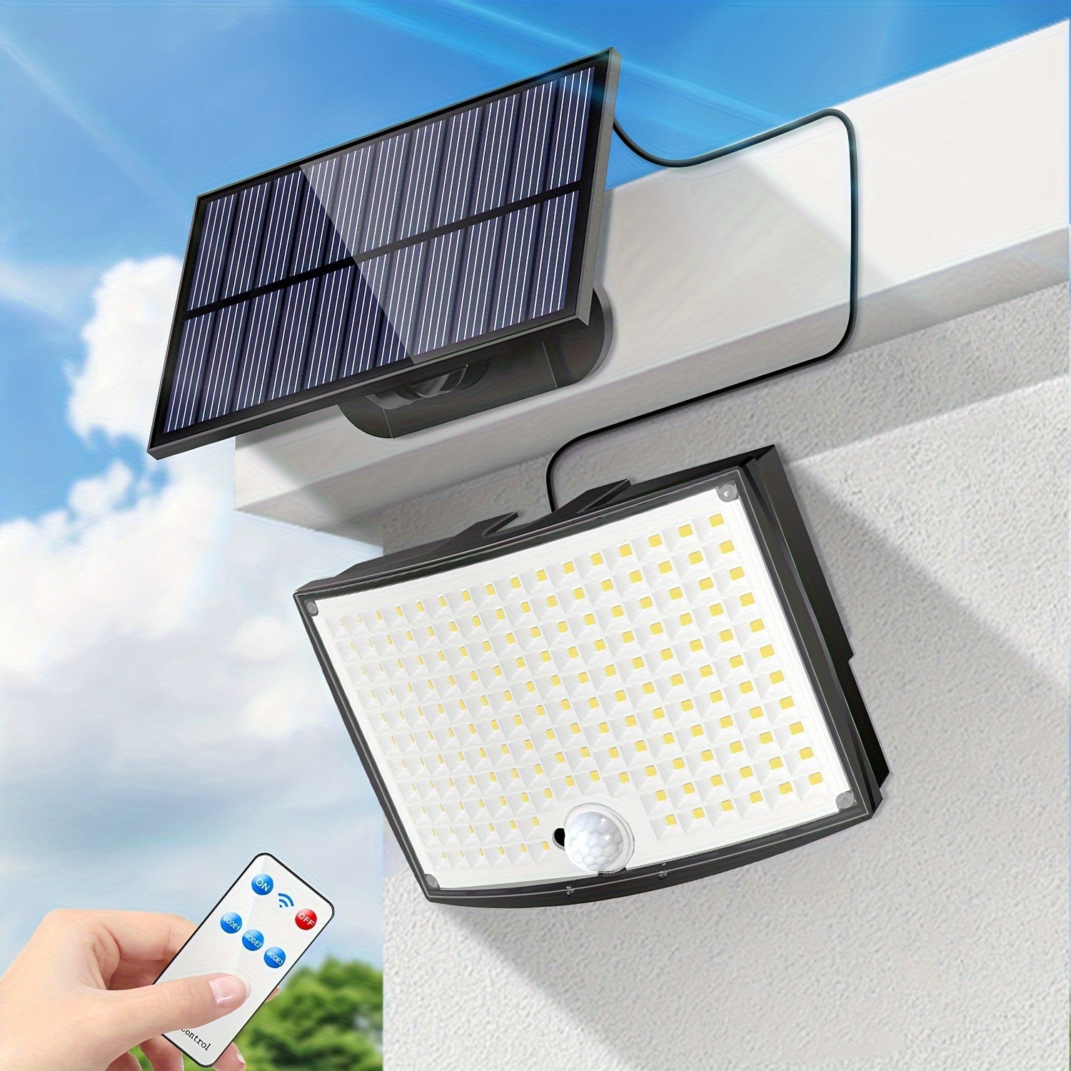 1/2 Pack Solar Outdoor Light, High Brightness Sensor Light with 168 LEDs, Garden Light with Remote Control, Street Light with 3 Lighting Modes, IP65, Security LED Floodlight with 16.5FT Cable, Suitable for Outdoor and Indoor Wall Light