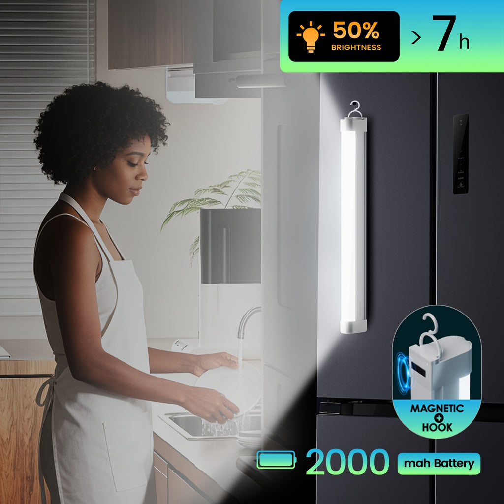 Portable LED emergency tube light (with hook), supports USB charging and multiple dimming modes, can be hung or handheld, suitable for power outage emergencies, camping, night repairs, dormitory lighting