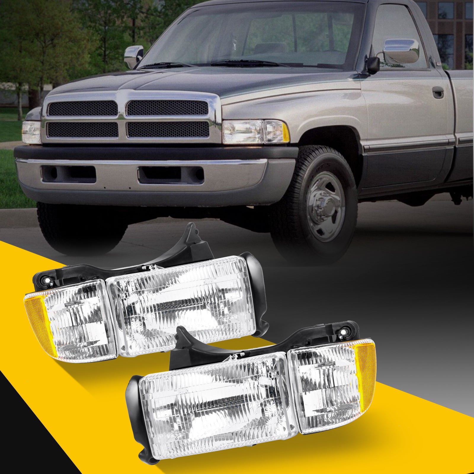 Headlight Assembly for Dodge RAM 1500/2500/3500 (1994-2002) - Direct Replacement Headlight with Clear Lens (Bulbs Not Included), Compatible with Part Numbers 55076749AD/AO, 55076748AD/AO, for Pickup Trucks