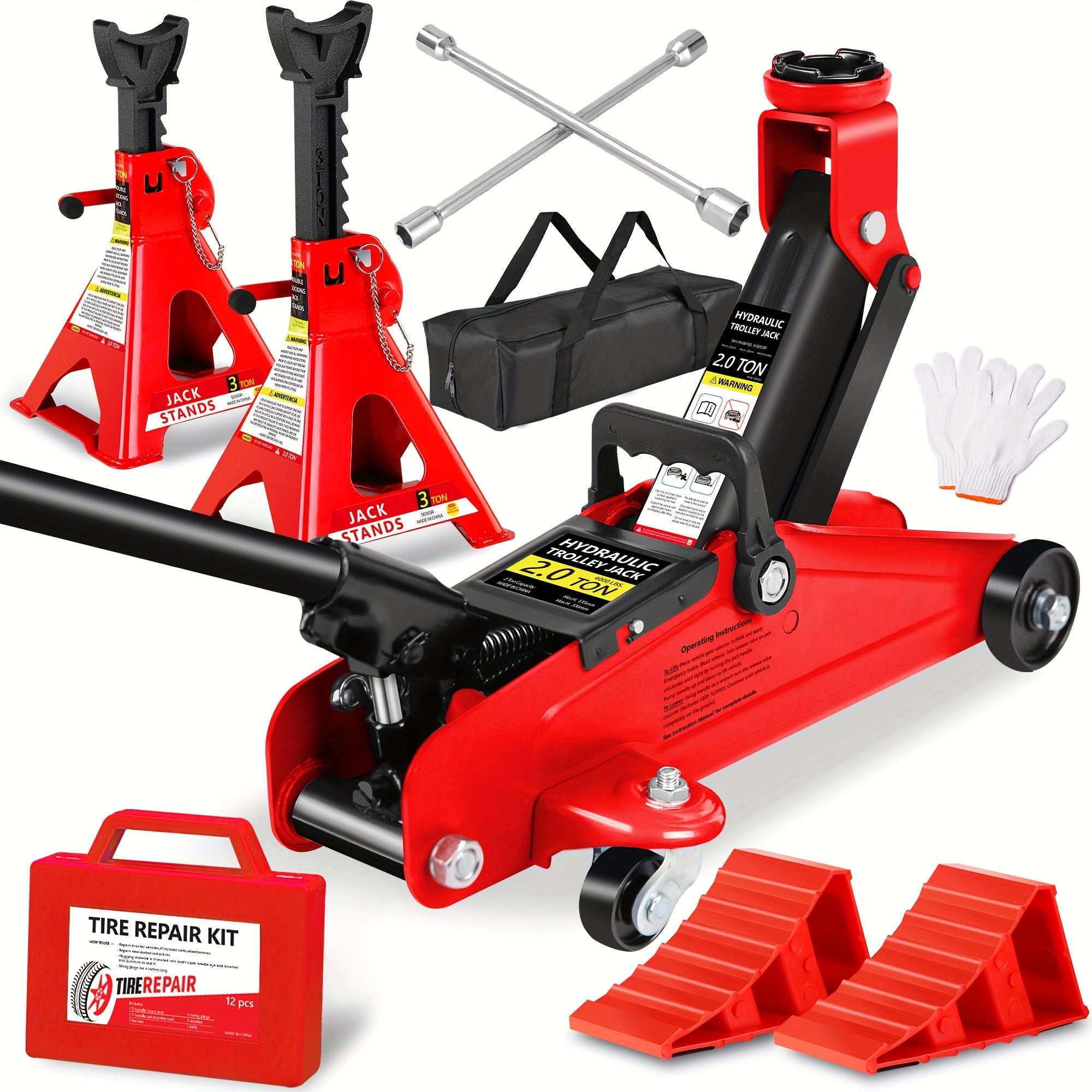 2/2.5/3 Ton Capacity Low-Profile Garage Hydraulic Jack Combo Kit, Optional: 2 Ratchet-Type 3-Ton Jack Stands, Tire Repair Tool Kit, 14-Inch Lug Wrench, Wheel Chocks for SUV/Sedan/Truck
