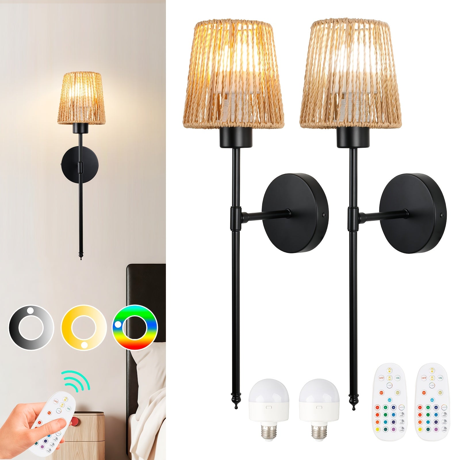 Pair of Battery Operated Wall Lights with Remote Control, Rechargeable Rattan Design, Includes Bulbs and Charging Cable, Wireless Woven Bamboo Lantern, Perfect for Bohemian Style Lighting in Bedroom, Living Room and Hallway