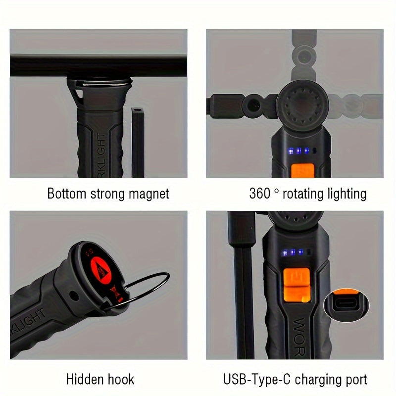 1 Multi-Functional Work Light with COB Side Lighting, USB Rechargeable, LED Flashlight, Portable Handheld Torch, Ideal for Repairs, Tent Lighting, Outdoor Camping, Fishing, and as a Concealable Lantern