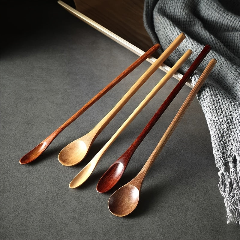 5 Long Handle Coffee Spoons, Wooden 7.8-Inch Coffee Spoons, Long Handle Stirring Spoons, Tea Spoons, Ice Cream Spoons – Unique Style Long Handle Spoons, Premium Wood – Ideal for Stirring – Perfect for Wedding Gift Baskets