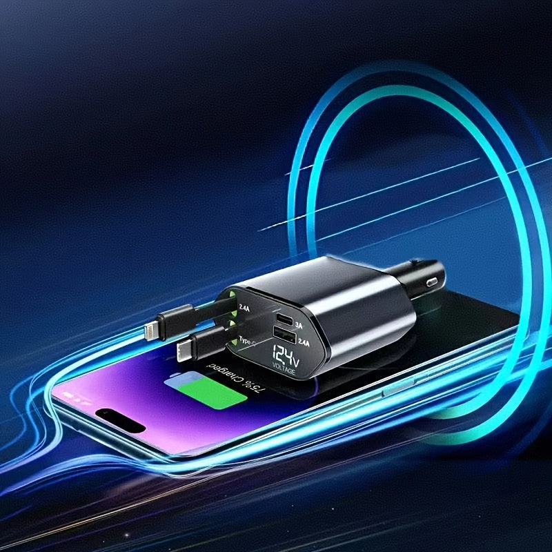 A 4-In-1 Fast Car Charger Adapter with 66W Quick Charging, Featuring 2 Retractable Phone Charging Cables (Type-C And Ios) And 2 Ports (USB-A And USB-C), Compatible with Iphone 16/15 Pro Max/14/13/Pro Max 12, a Must-Have for Vehicles.