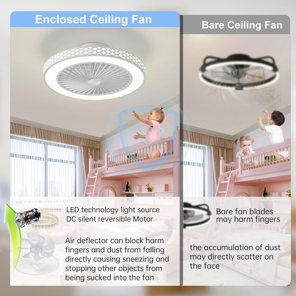 19 Inch Reversible Bladeless Ceiling Fan with Light and Remote, 3000K-6500K Silent Timing Modern Low Profile Ceiling Fan Light, 6 Speed Adjustable, Perfect for Living Room, Kitchen, Bedroom, Office