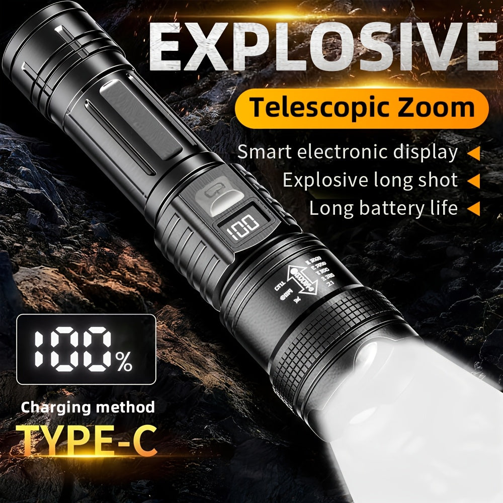 LED Flashlight, Telescopic Zoomable, Focus and Flood Dual Use, 3 Modes High Low Strobe Dimmable, Digital Power Display Real-Time Battery Level, USB Rechargeable Long Endurance, High Brightness Long Range