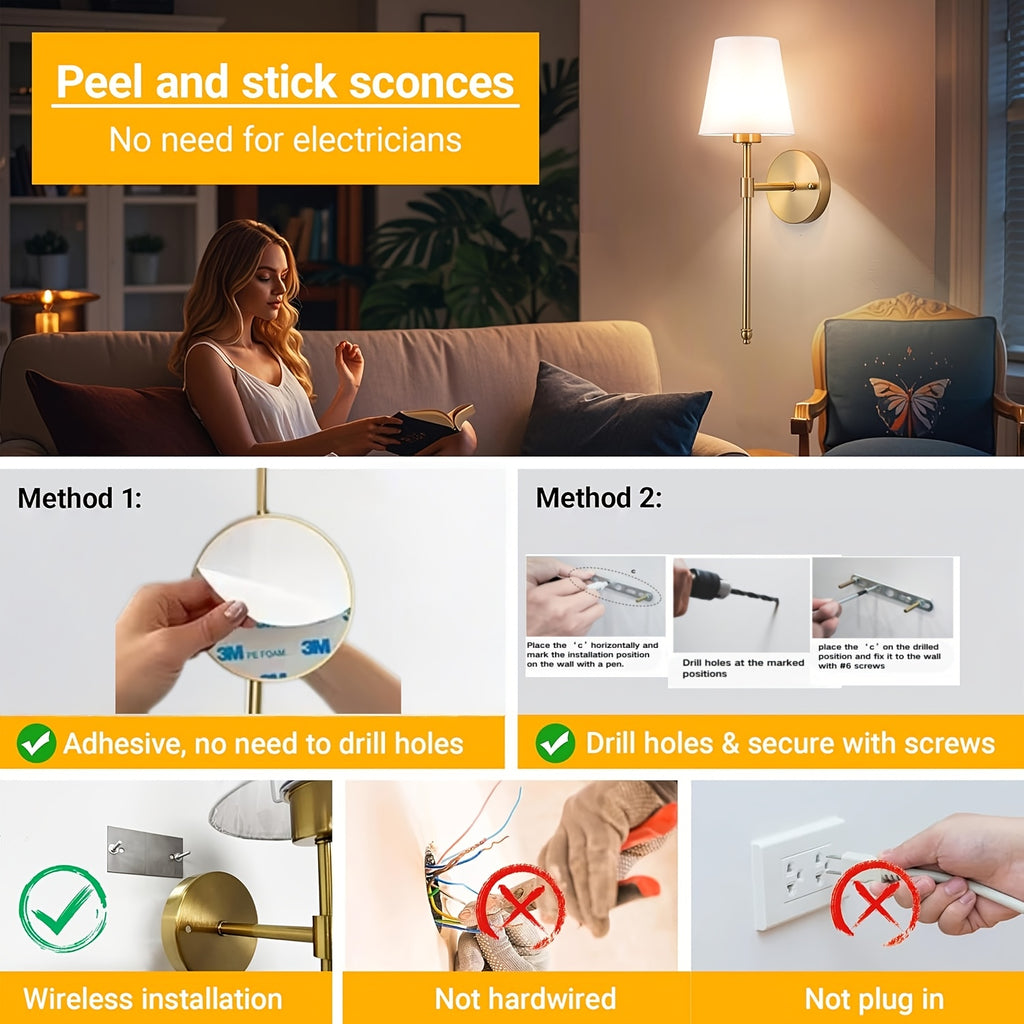 Wall Light Battery Operated Wall Light Set, Black/Gold Wireless Wall Light with Remote Control, 9 Color Modes Rechargeable Wall Light, Suitable for Bedroom Living Room, 2-Pack