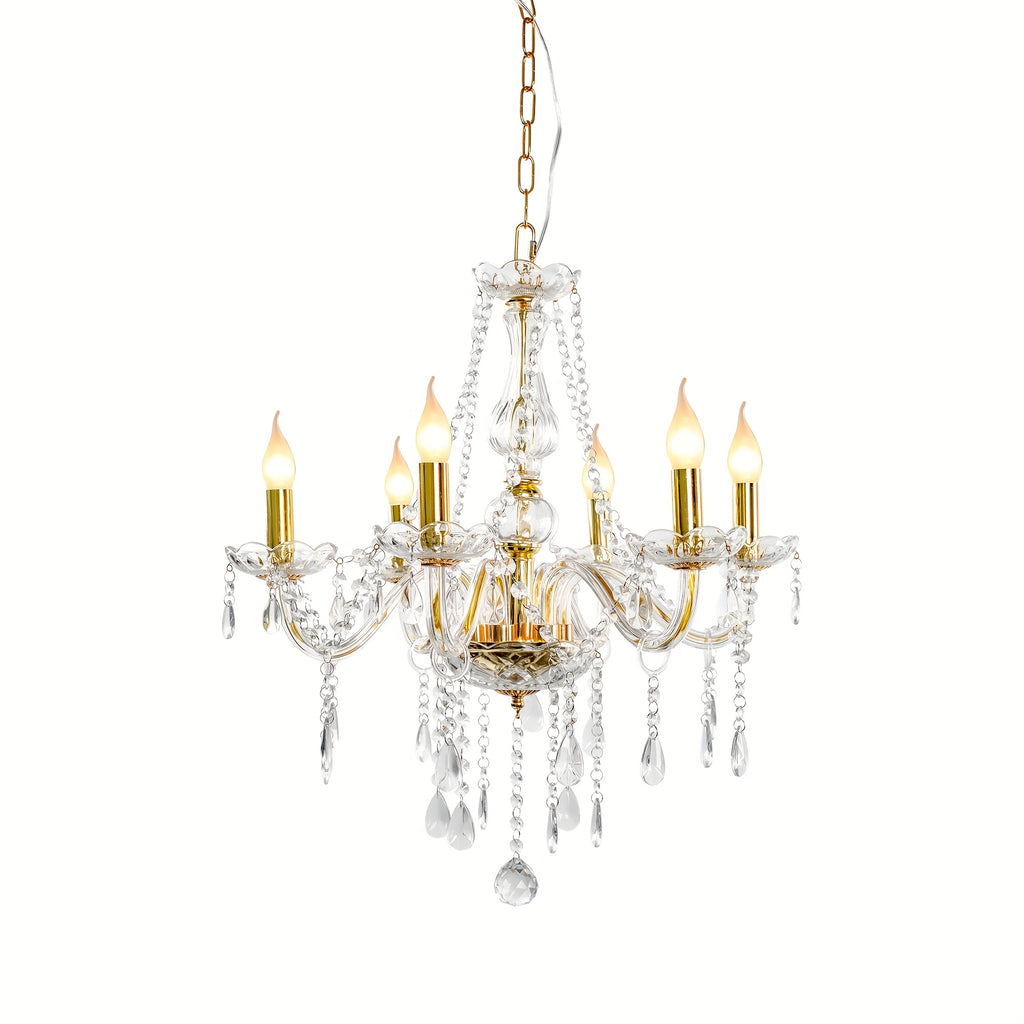 Modern gold crystal chandelier, 6-light branched pendant light, with chain, elegant chandelier, suitable for dining room, bedroom, living room, hotel, home decorative lighting, E12 base, bulbs not included