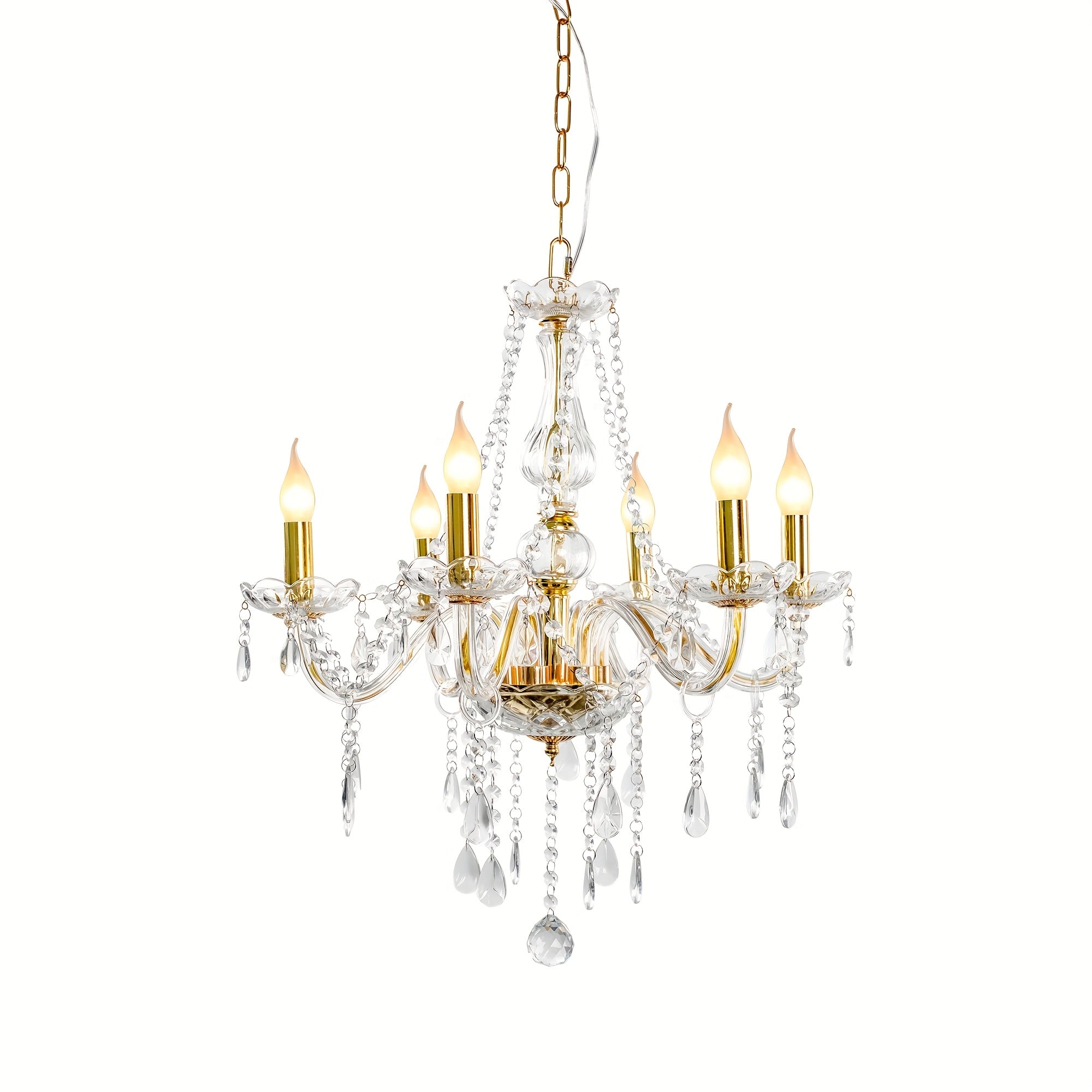 Modern gold crystal chandelier, 6-light branched pendant light, with chain, elegant chandelier, suitable for dining room, bedroom, living room, hotel, home decorative lighting, E12 base, bulbs not included