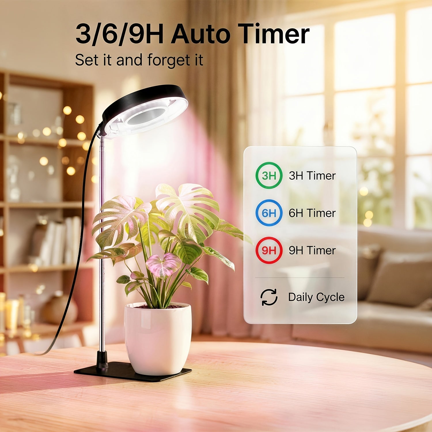 2-Pack Full Spectrum Indoor Plant Grow Light, 720° Rotatable Lamp Head, Retractable Pole, Stable Base, 4 Dimming Modes, 3/6/9H Auto Timer, Ideal for Small Potted Plants in Low-Light Corners
