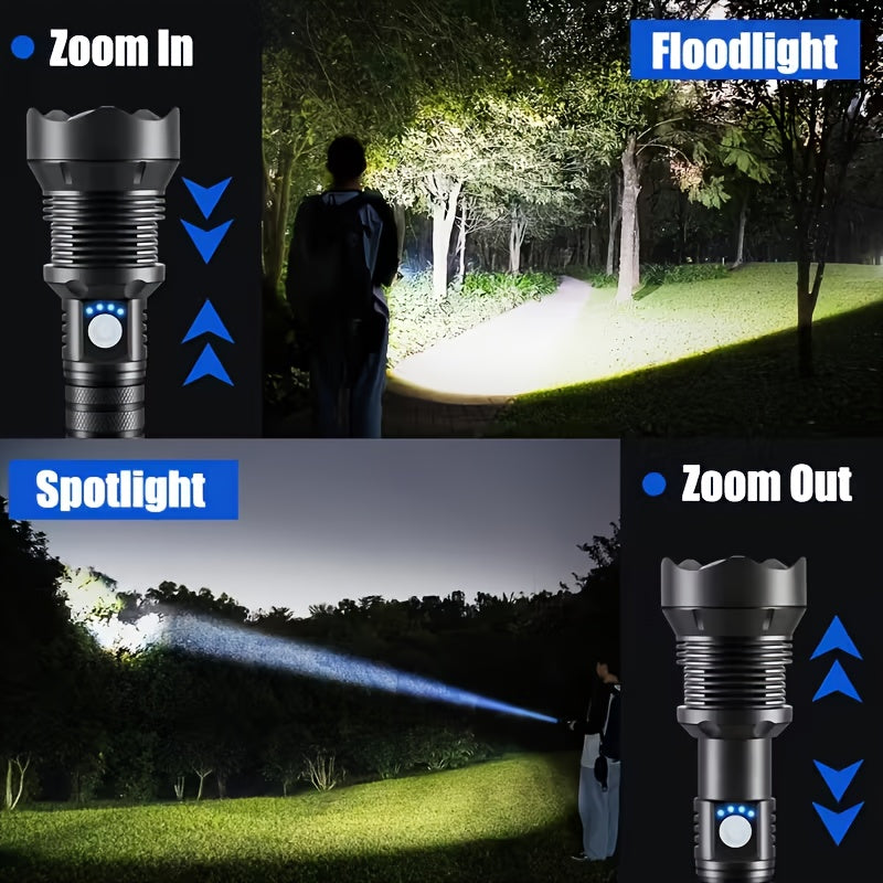 Extended Zoomable High Lumen Flashlight, Multifunctional Night Search Light with Power Indicator, USB Rechargeable Emergency Work Light for Hiking Camping Fishing