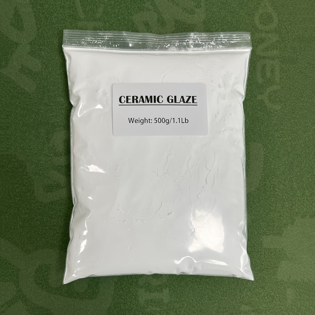 一袋500克低温光泽透明陶瓷釉粉，光泽度超过90%，熔点600-650°C，全融温度950-1050°C。这款低熔釉具有自平整特性，适用于陶器、彩绘瓷砖和DIY手工艺项目