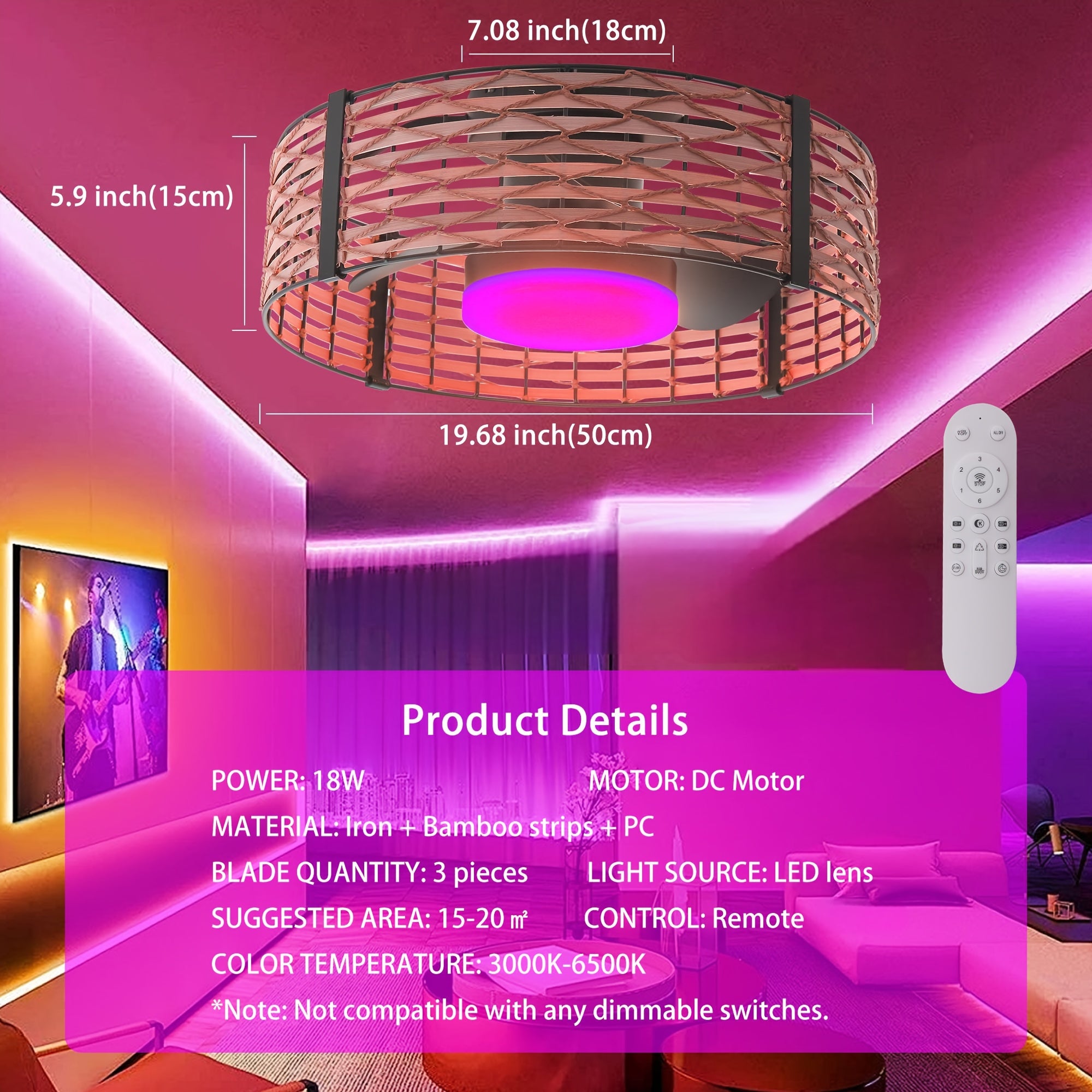 18W LED 20" Dimmable Bamboo Rattan Chandelier, Bohemian Ceiling Fan with Light & Remote, 6-Speed/Reversible Motor/RGB LED Compact Ceiling Fan for Bedroom Living Room Kitchen Nursery