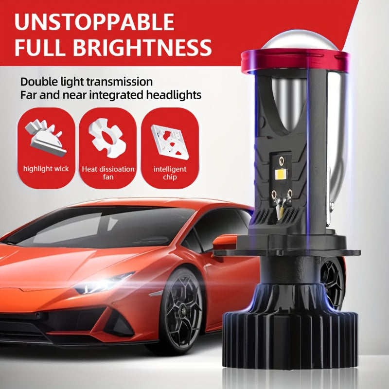 2 H4 High/Low Integrated Headlight Bulbs, 60,000 Lumens 420W 3570 CSP Chip New LED Projector Lens, 6000K White Light Super Bright Source, Suitable for Motor Vehicles, Left-Hand Drive, 12-24V, No Battery Needed