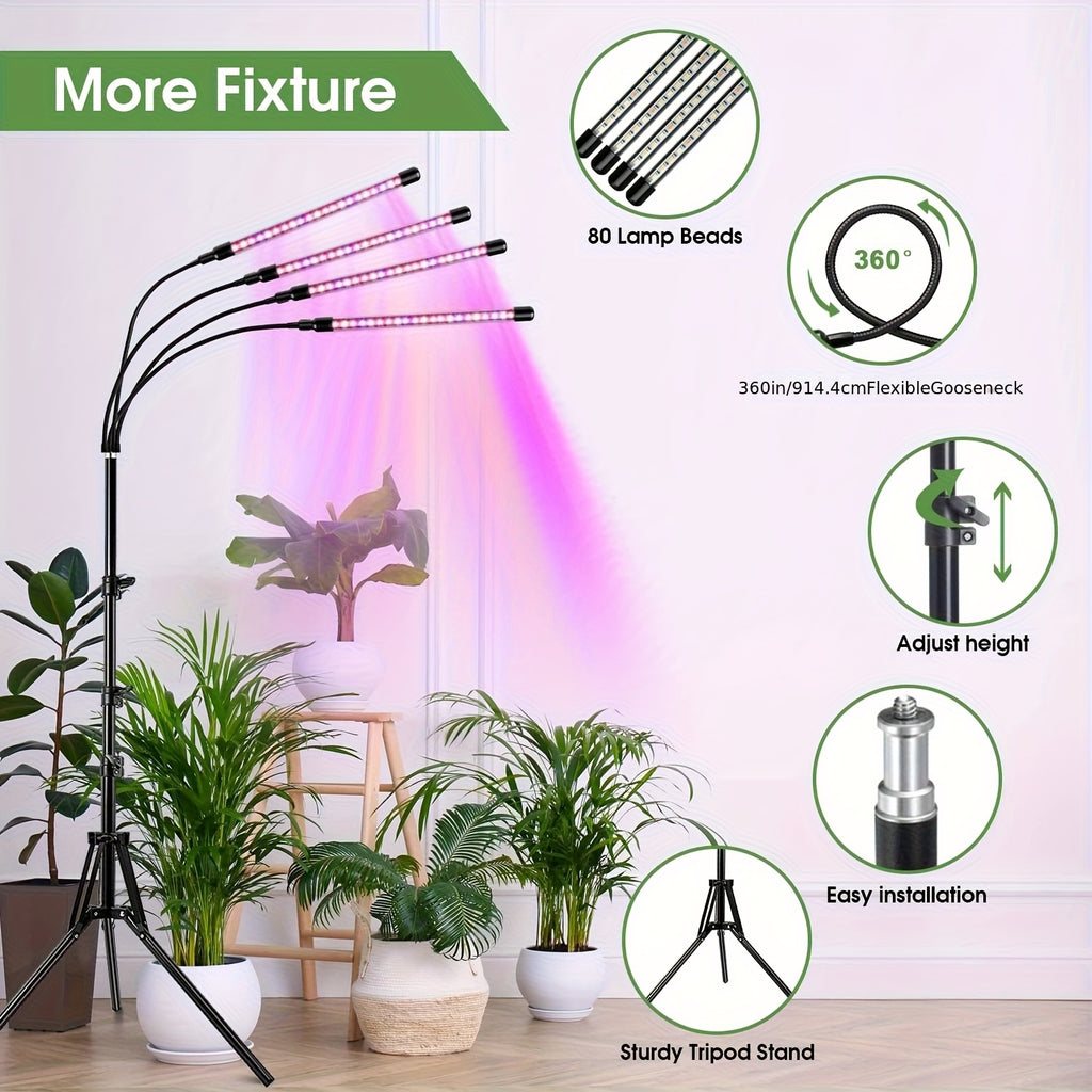 Indoor Plant Grow Light, 100 LED Beads, Full Spectrum, 4/5-Head Design with Adjustable Stand, 3/9/12H Auto Timer, 3 Lighting Modes & 10 Dimming Levels