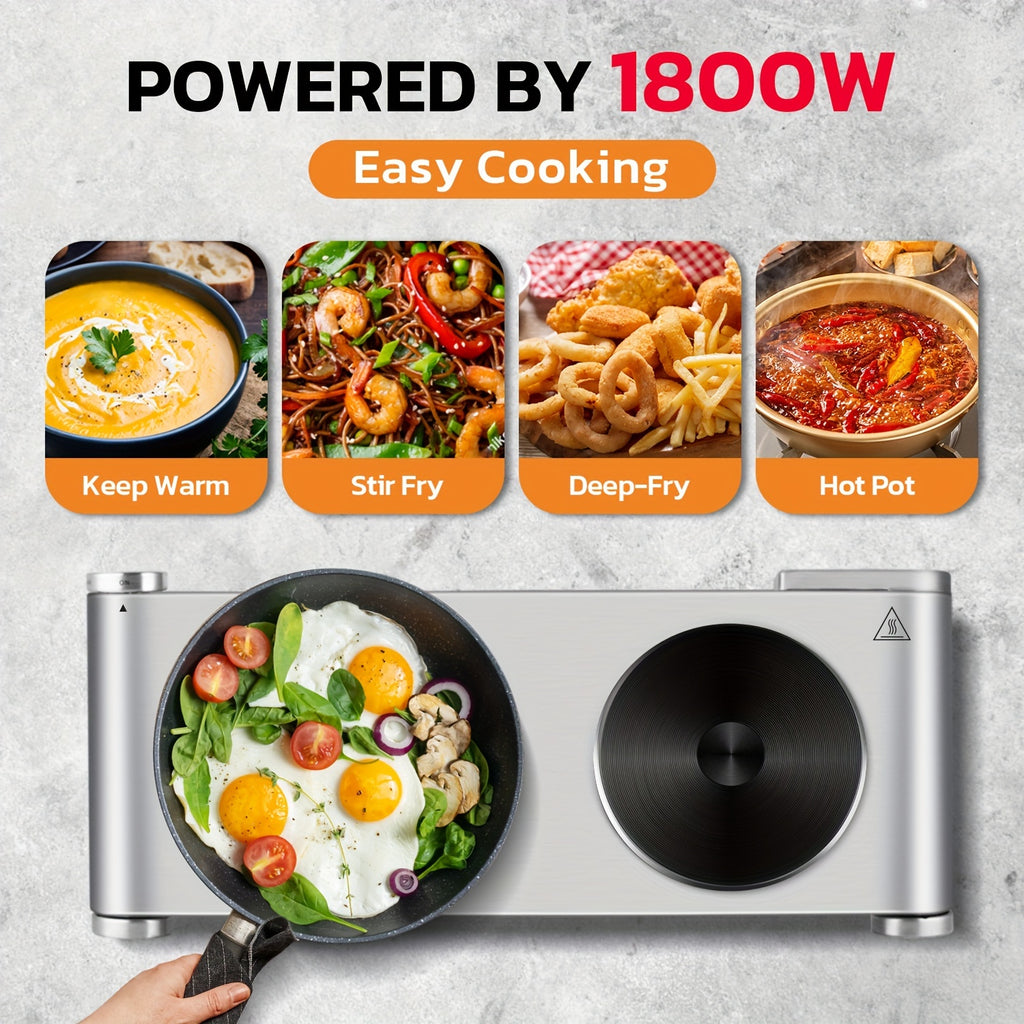 CUSIMAX Electric Hot Plate, Portable Double Burner Electric Stove, 1800W Cast Iron Double Cooktop, Compatible with All Types of Cookware, Stainless Steel