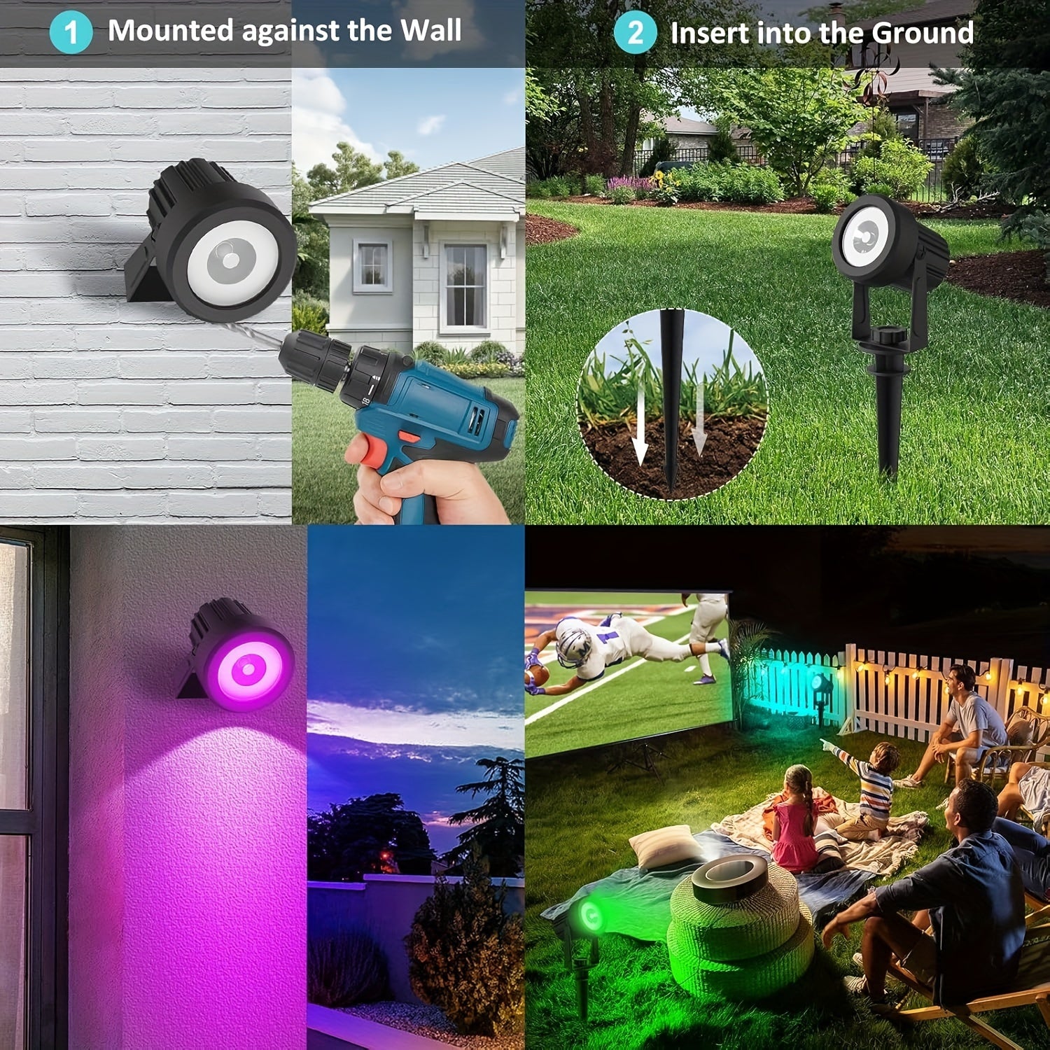 A set of outdoor solar spotlights suitable for Christmas and Halloween, with RGB color cycling, LED landscape lighting, 9.8 ft cable, separate solar panel, and dusk-to-dawn function, can be used to illuminate driveways, walkways, and pool areas