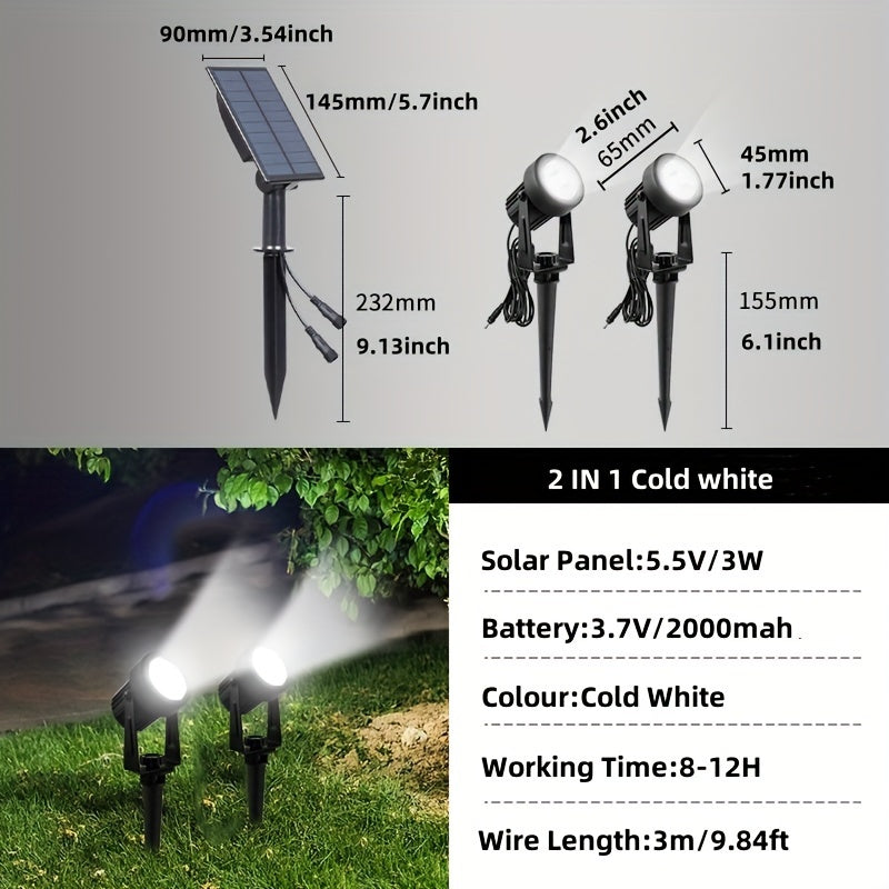 Outdoor solar spotlights, available in 2/4-pack, offering warm white and cool white options, suitable for landscaping, Christmas decoration, and illuminating yards, trees, gardens, ponds, and pool areas