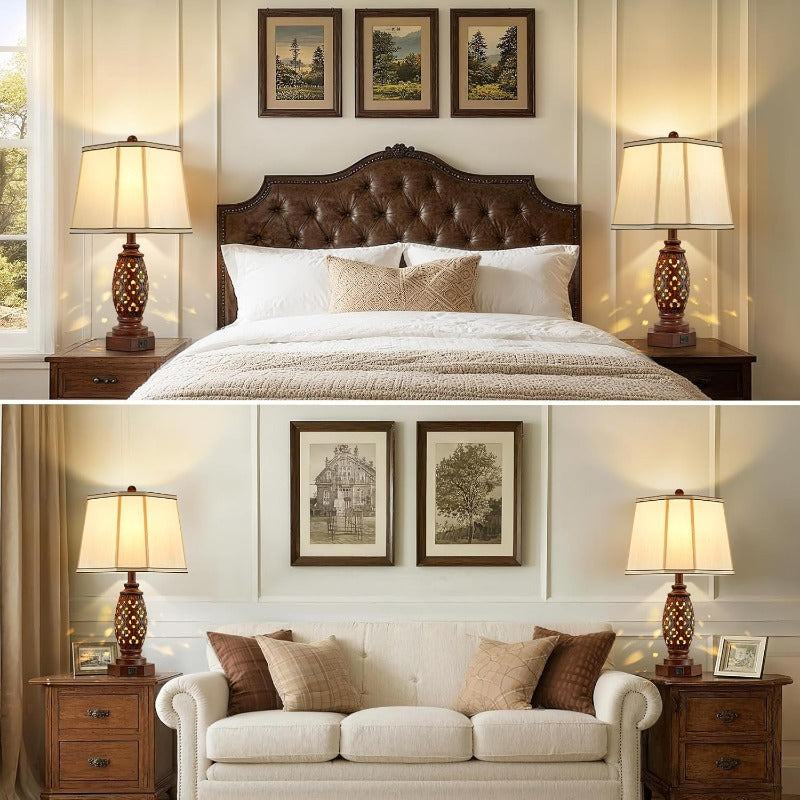 Bedside lamp set (2-pack) - 23.5-inch vintage table lamp, equipped with USB A+C ports and night light function - brown carved resin farmhouse style desk lamp, suitable for bedroom, side table and living room, bulbs included