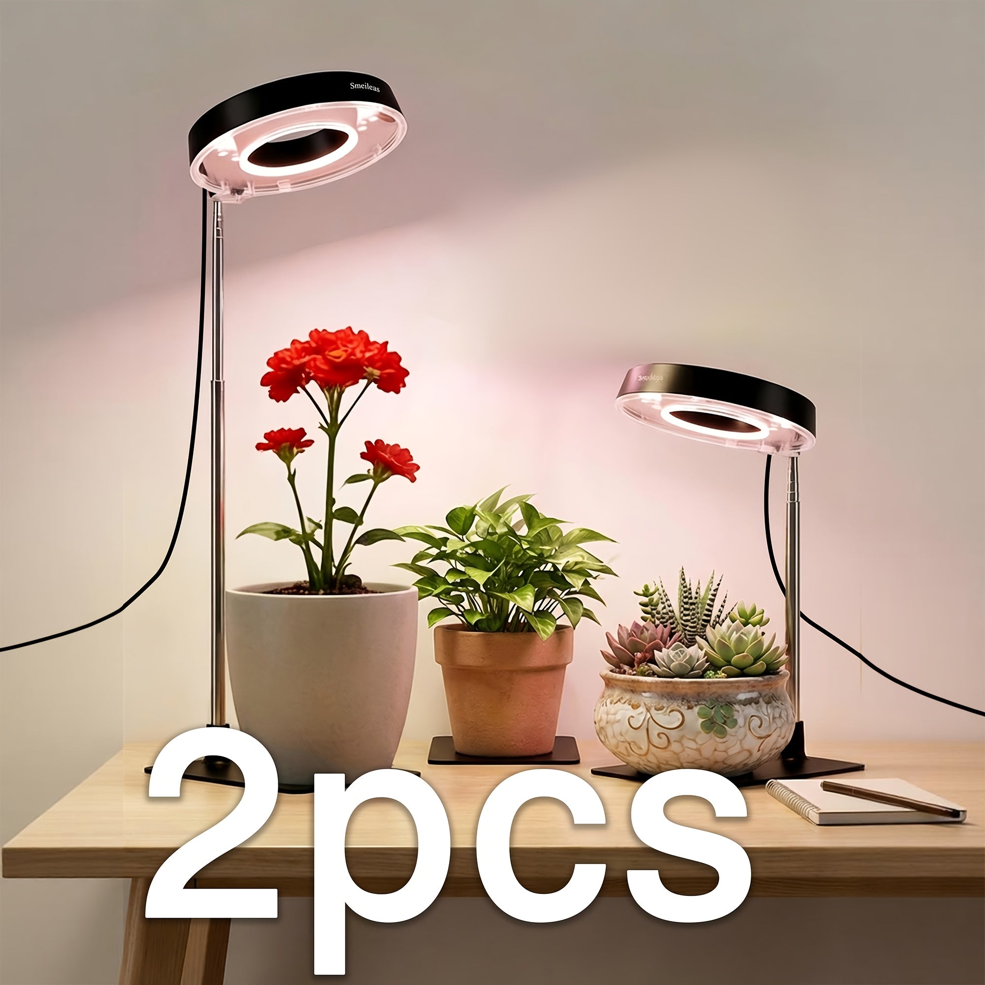 2-Pack Smeileas Seedling Grow Light (with Base), Full Spectrum Supplemental Light, 3/6/9H Auto Timer, 4-Level Dimmable, 360° Magnetic Lamp Head, for Indoor Cilantro, Aloe, Strawberry & Small Plants