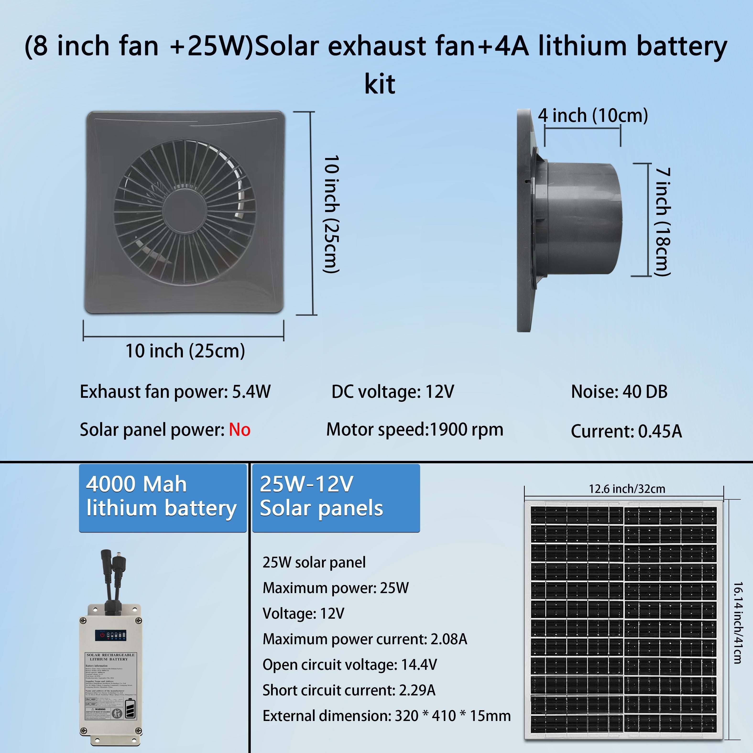 Solar Fan with Battery - 4/6/8 Inch, Gray | Includes 25W Solar Panel and 4000mAh Lithium Battery Kit, Suitable for Greenhouse Cooling, Shed, Chicken Coop and Pet House Ventilation
