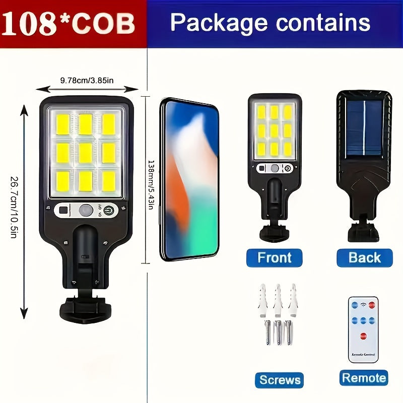 8/6/4 Pack Solar Street Light with PIR Motion Sensor, IP65 Protection Rating, 108 COB LED Security Wall Light with Remote Control, 3 Modes, Solar Searchlight Perfect for Garden, Courtyard, Porch, Garage Lighting