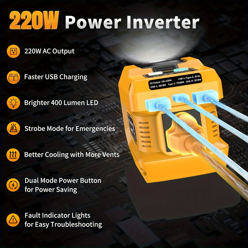 与得伟18V/20V电池兼容的电源逆变器，直流20V转交流110V便携式发电站，配备2个USB接口、1个Type-C接口及1个交流插座，400流明照明灯（不含电池）