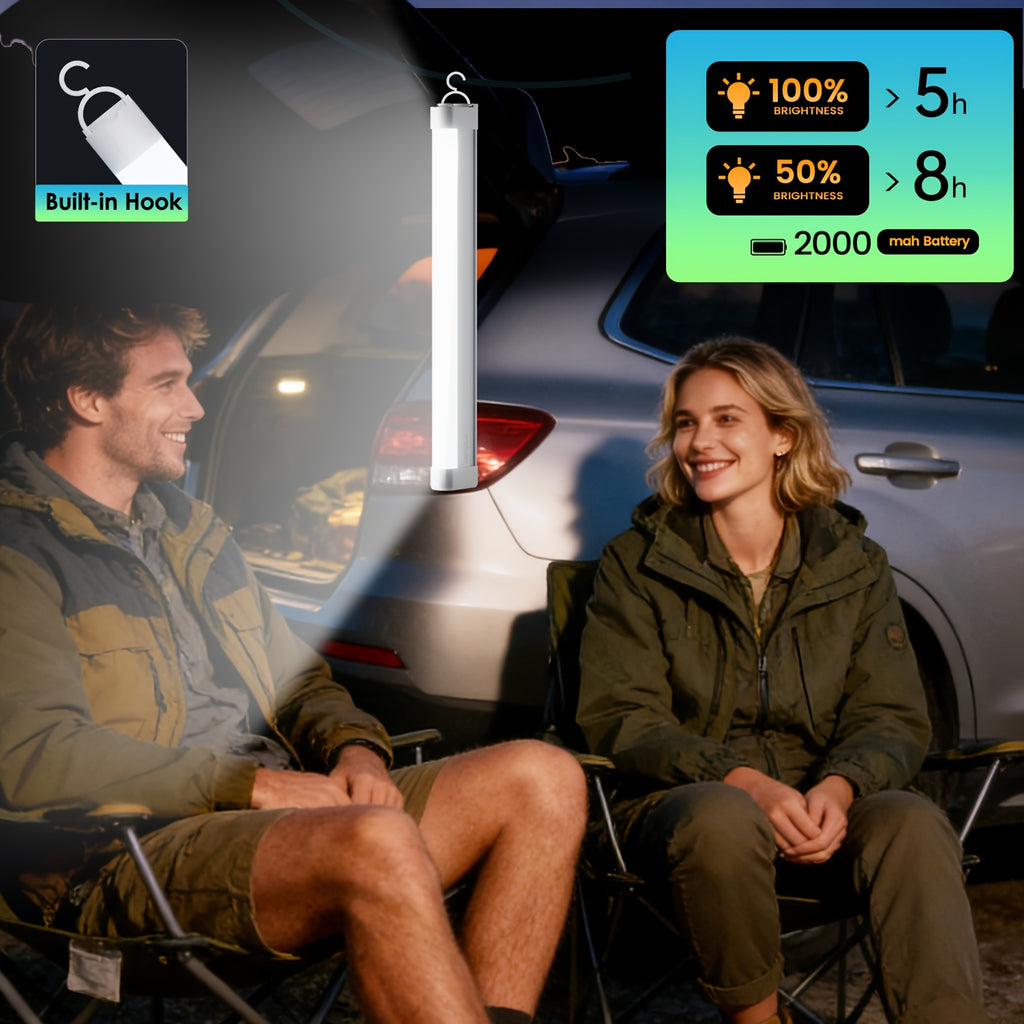 Portable LED emergency tube light (with hook), supports USB charging and multiple dimming modes, can be hung or handheld, suitable for power outage emergencies, camping, night repairs, dormitory lighting