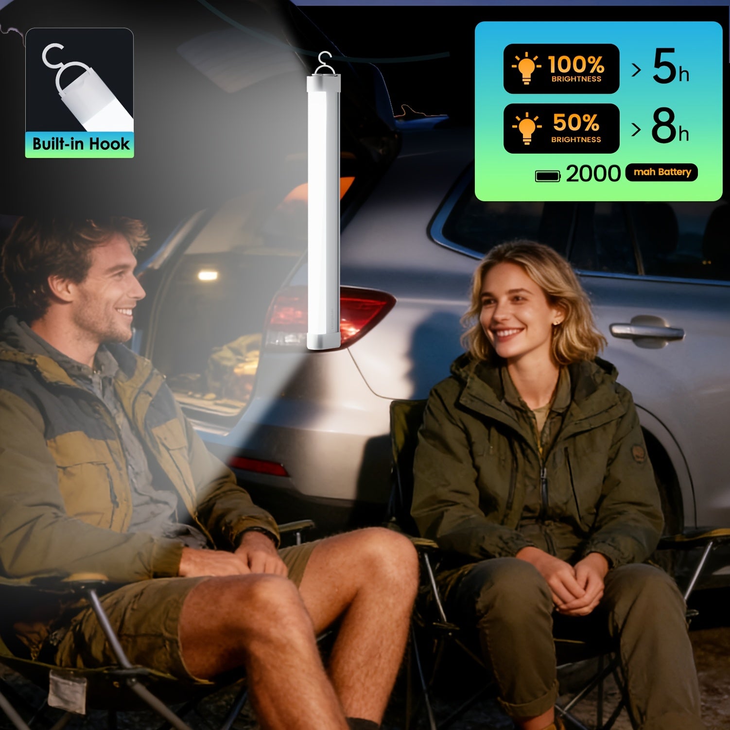 Portable LED emergency tube light (with hook), supports USB charging and multiple dimming modes, can be hung or handheld, suitable for power outage emergencies, camping, night repairs, dormitory lighting