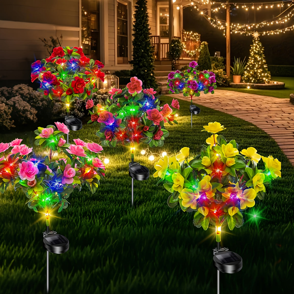 4-Piece Solar Courtyard Light, Azalea Colorful Light, Outdoor Waterproof | Courtyard Decoration, Romantic Garden Atmosphere Light, Holiday Decoration | Party Decoration, Suitable for Garden, Courtyard, Lawn.